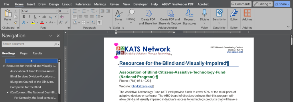 sreenshot of a Word document, showing the Navigation Pane